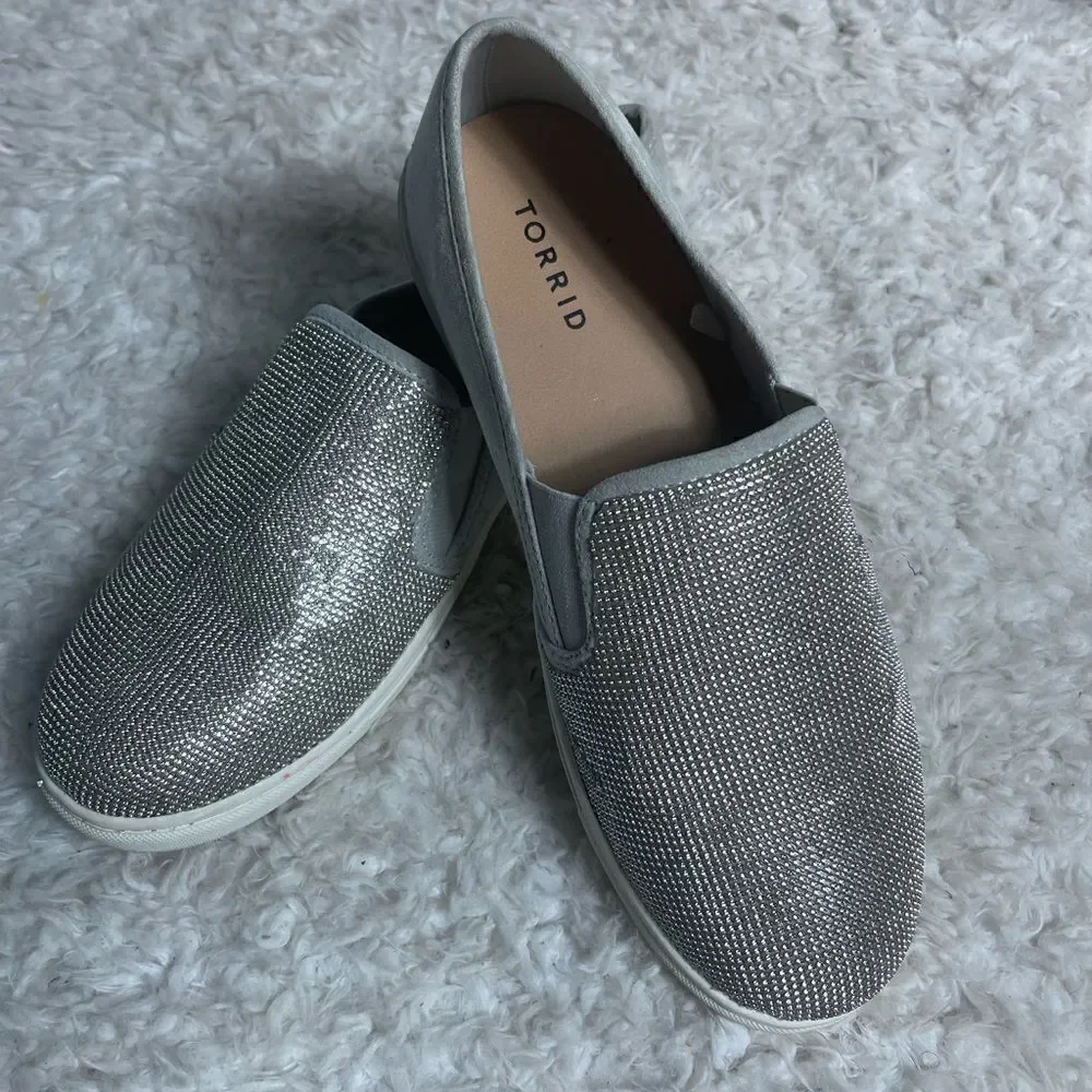 Torrid wide with Gray fabric Rhinestones embellishment slip on sneakers SZ 9.5WW